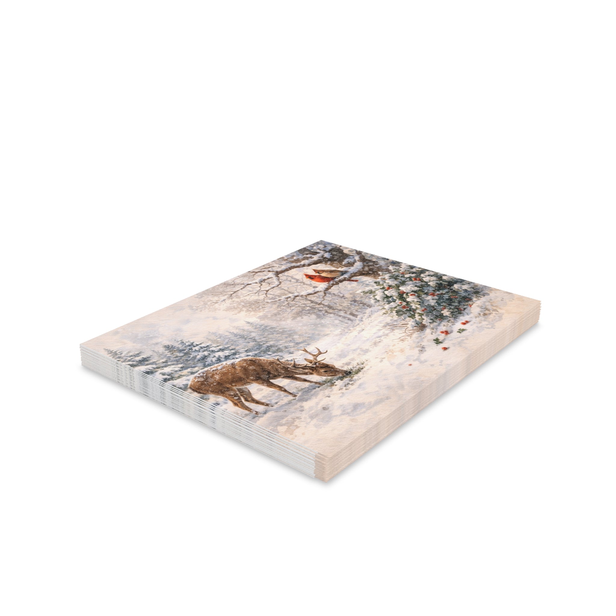 Winter Woodland Greeting Cards — Vintage Deer & Cardinal Holiday Note Cards (Set of 8/16/24)