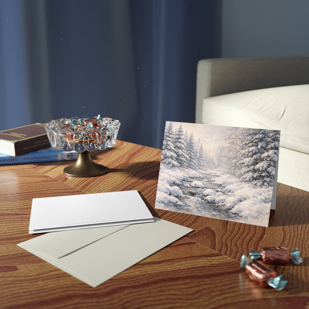 Snowy Pine Forest Greeting Cards — Winter Holiday Note Cards (8/16/24 Pack)