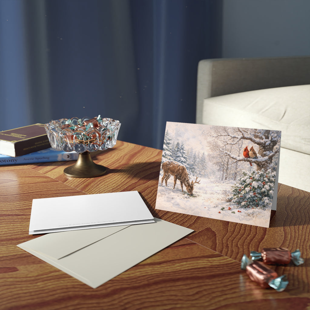 Winter Woodland Greeting Cards — Vintage Deer & Cardinal Holiday Note Cards (Set of 8/16/24)
