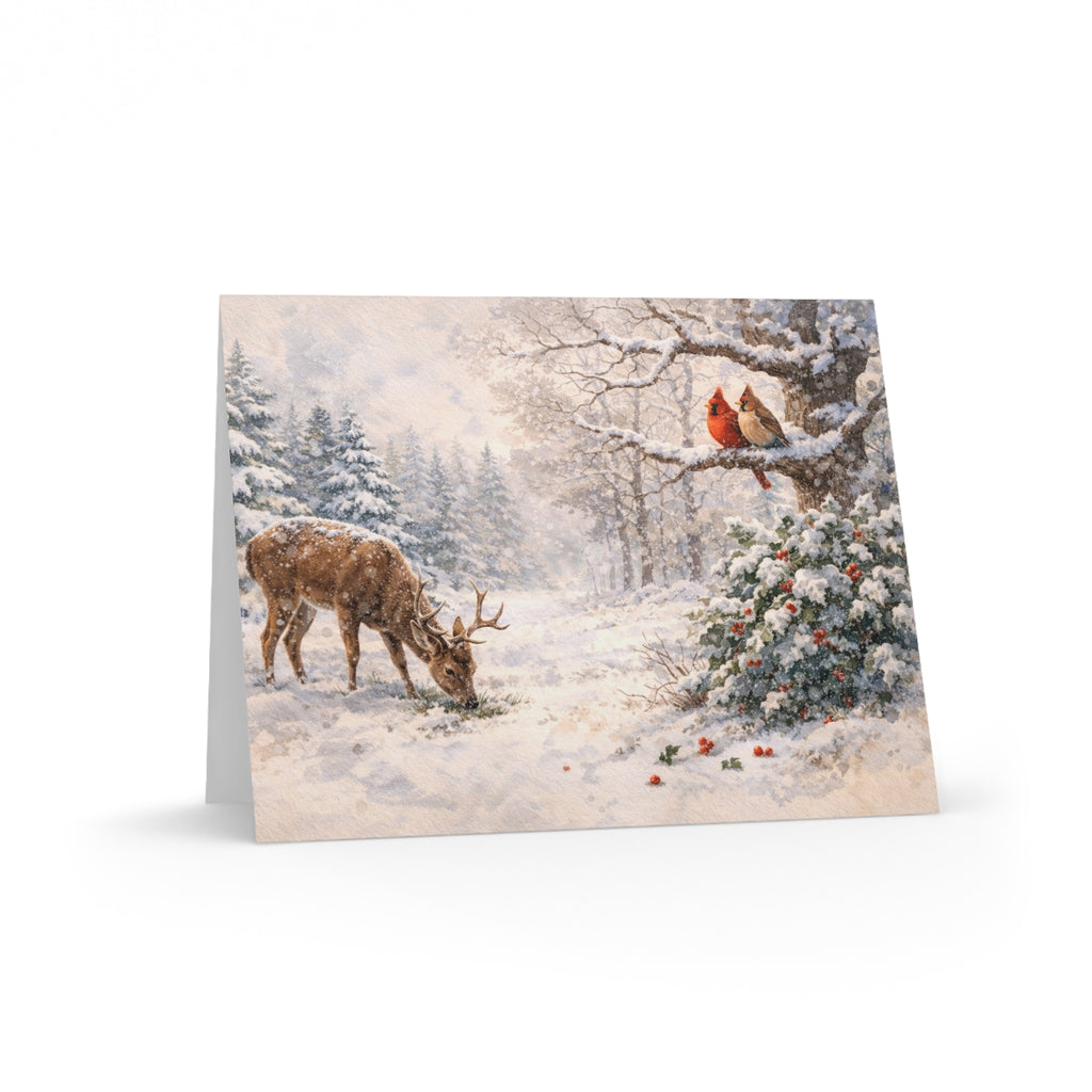 Winter Woodland Greeting Cards — Vintage Deer & Cardinal Holiday Note Cards (Set of 8/16/24)