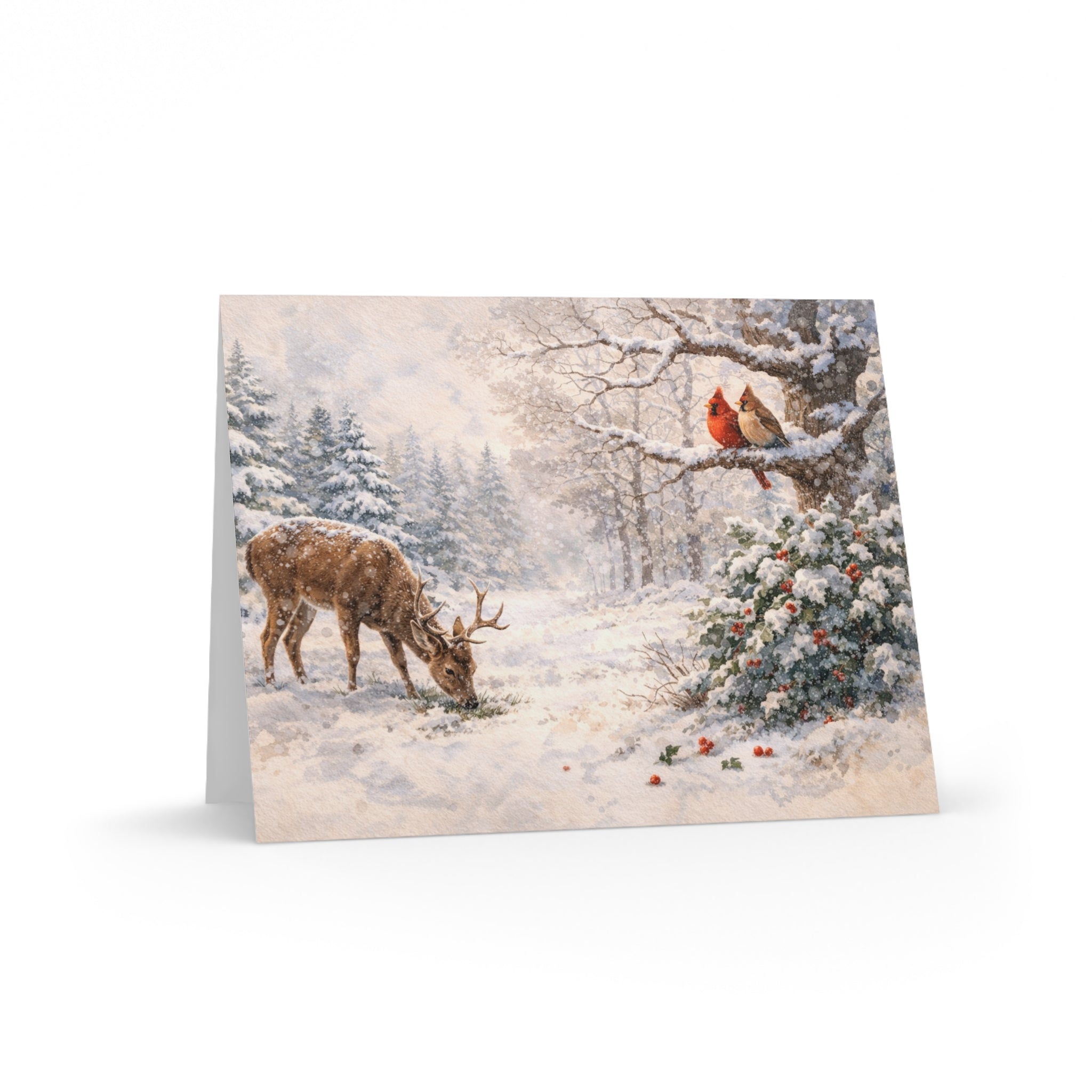 Winter Woodland Greeting Cards — Vintage Deer & Cardinal Holiday Note Cards (Set of 8/16/24)